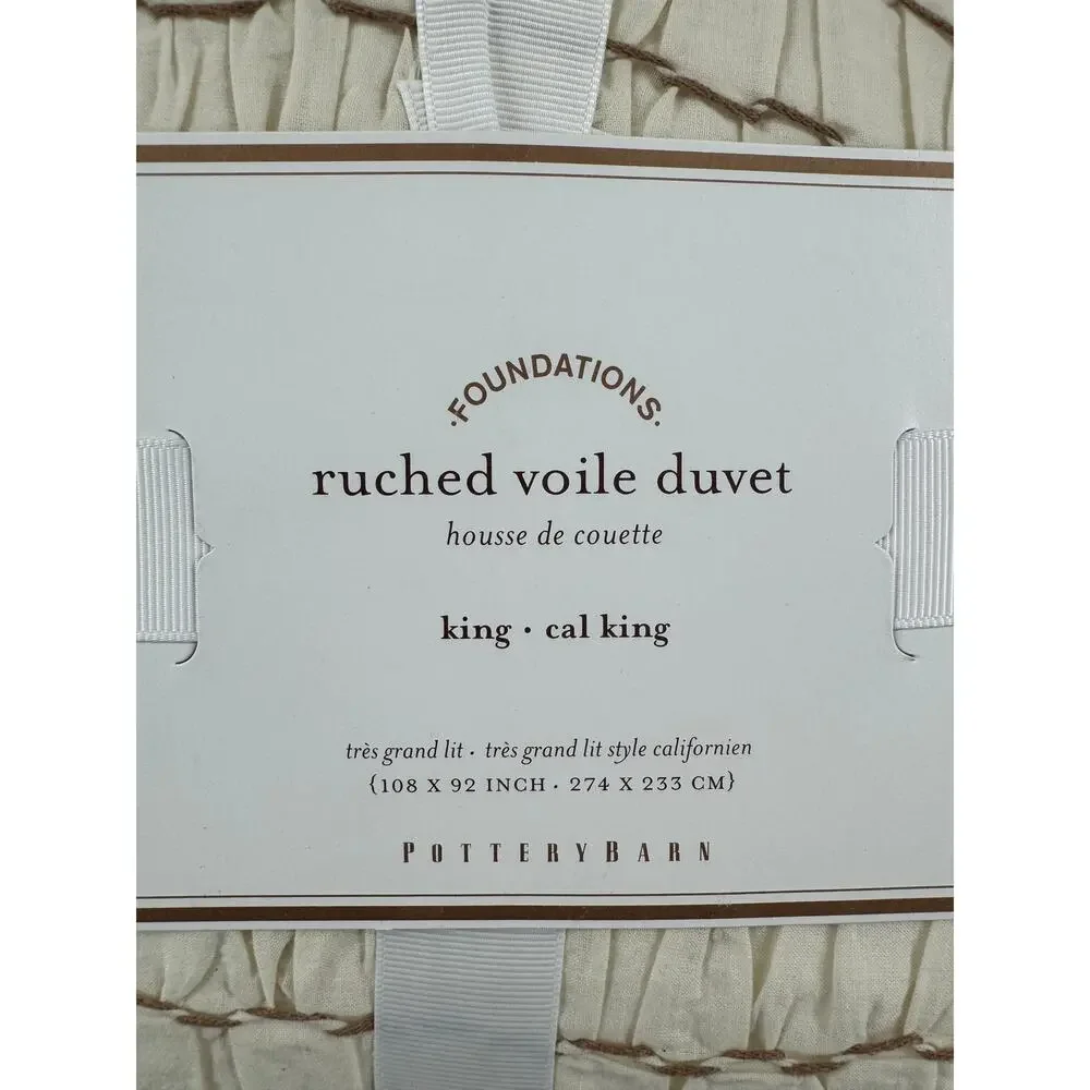 NEW Pottery Barn Ruched Voile King Cal King Duvet Cover w/ 2 Shams Ivory Cotton